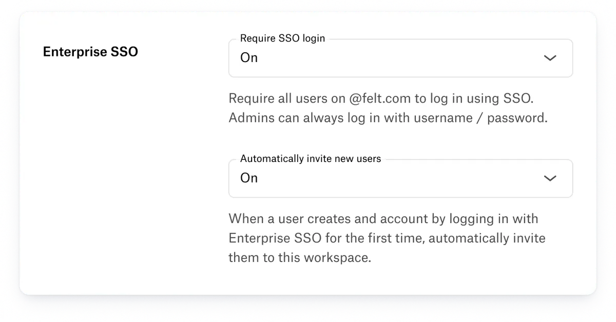 Felt's Enterprise SSO settings, with Require SSO login and Automatically invite new users both turned on