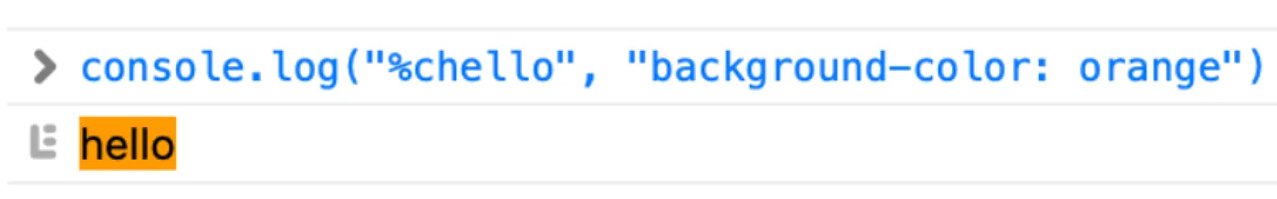 A screenshot of a console.log call using CSS to print hello on an orange background
