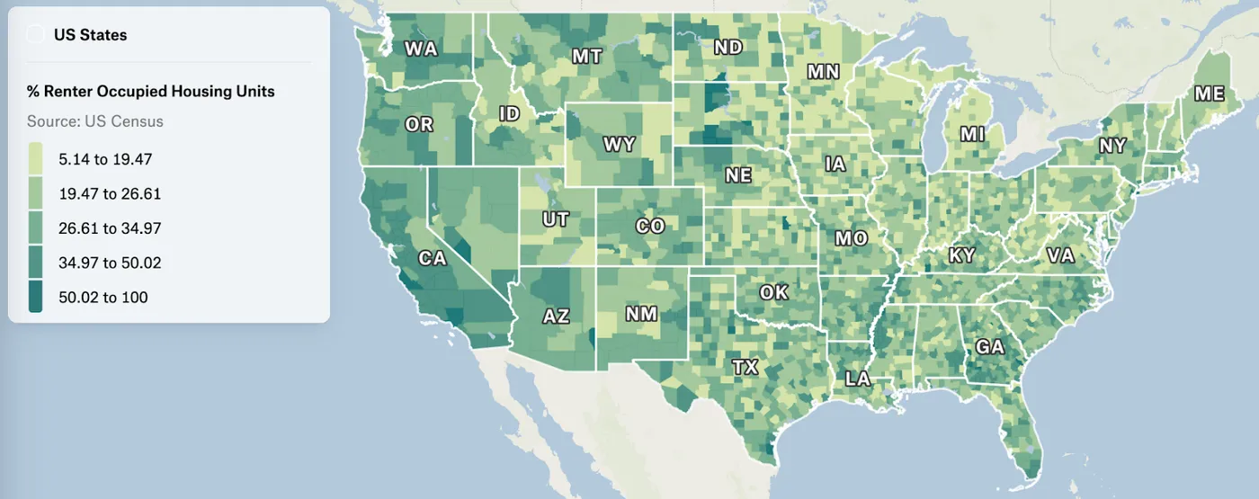 A Felt choropleth map of the contiguous US shading counties green by percent of renter-occupied housing units