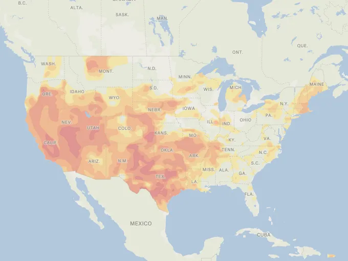 A Felt map of the July 2022 US drought monitor, with the most severe drought shaded red across the West and Texas