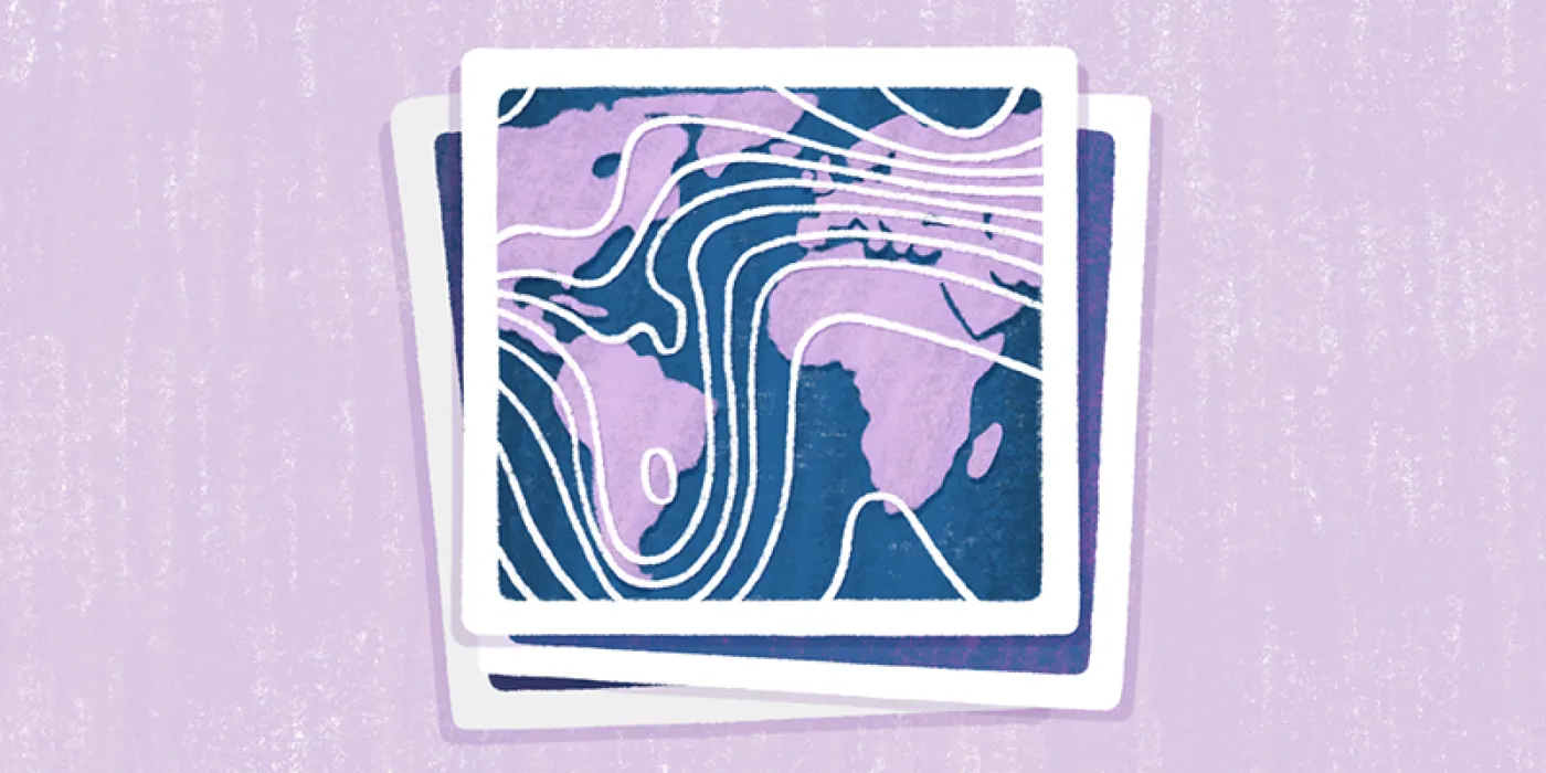 An illustration of a stack of map prints, the top one showing contour lines over Europe, Africa and the Americas