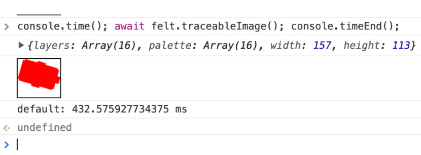 A screenshot of the browser console timing felt.traceableImage and drawing its red shape result inline