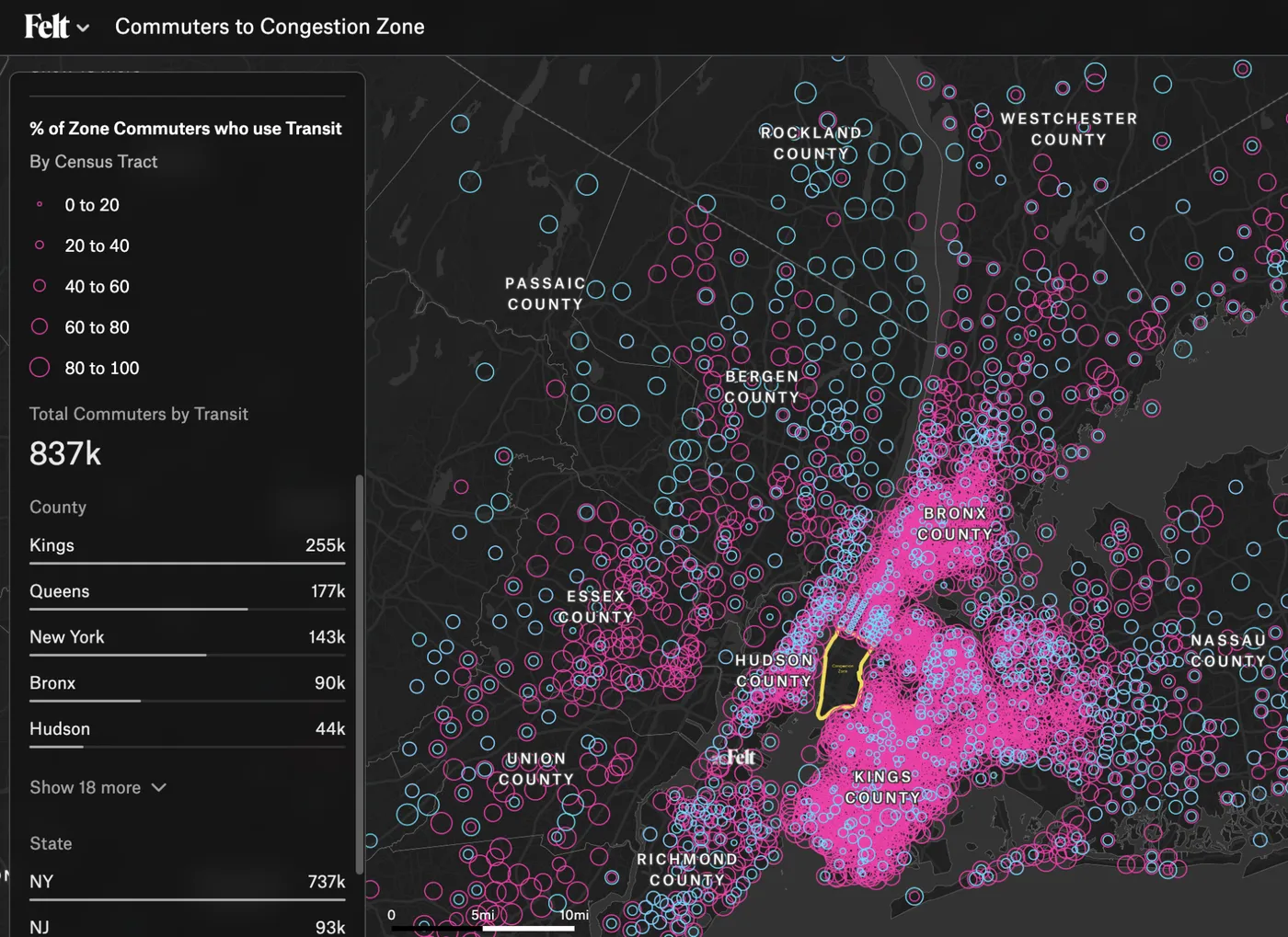 Proportion of Congestion Pricing Tolling Zone commuters that commute via transit (pink) vs. car (blue), by census tract