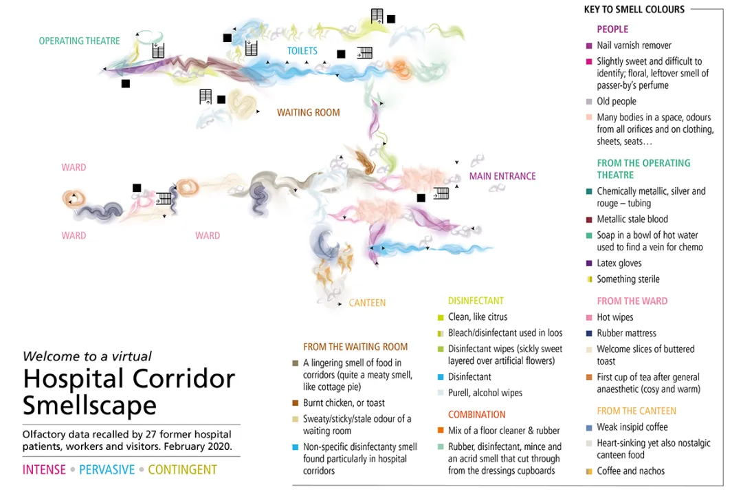 A hospital corridor smellscape map tracing smells through wards and a waiting room, with a color key of smell types