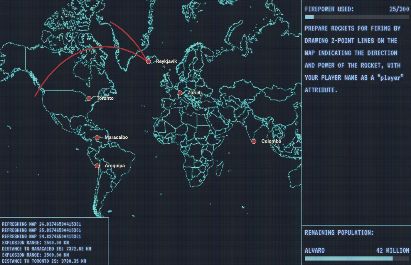 A Global Thermonuclear War game built on a Felt map: rocket arcs drawn between world cities, with firepower and population counters