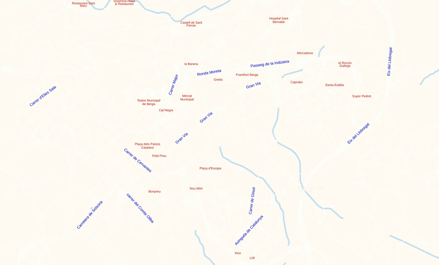 The same Berga street map with collision detection applied, so no labels overlap