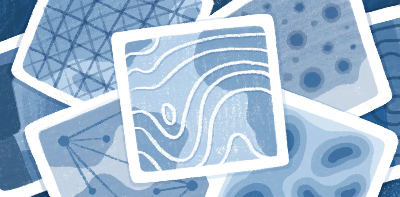 An illustration of overlapping blue map tiles showing contour lines, a grid, point clusters and a network