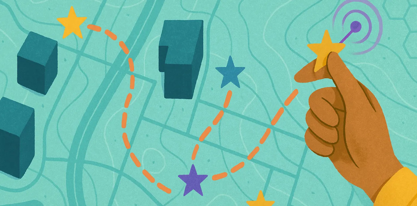An illustration of a hand placing a star on a city map, with a dashed route linking other starred stops