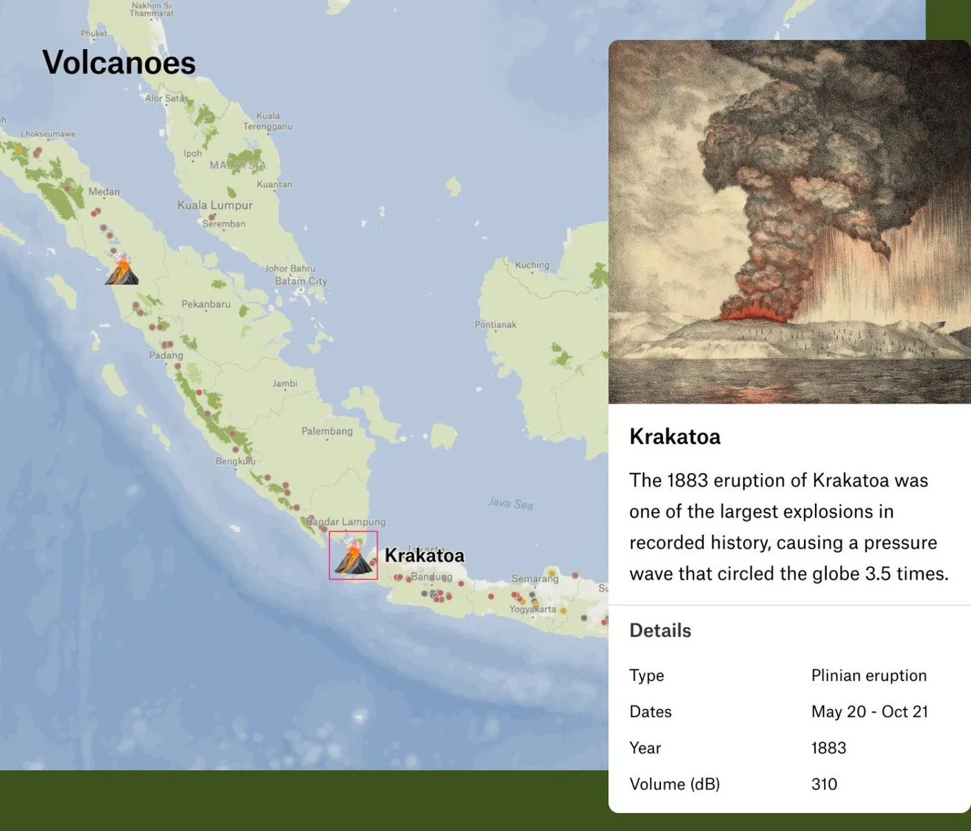A Felt map of volcanoes in Indonesia with a sidebar showing a picture and details of the 1883 Krakatoa eruption