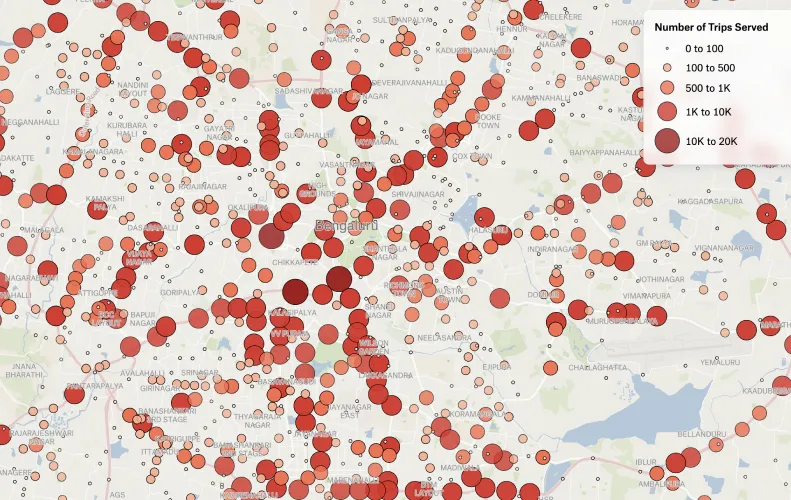 A Felt map of Bengaluru bus stops drawn as red circles sized by number of trips served