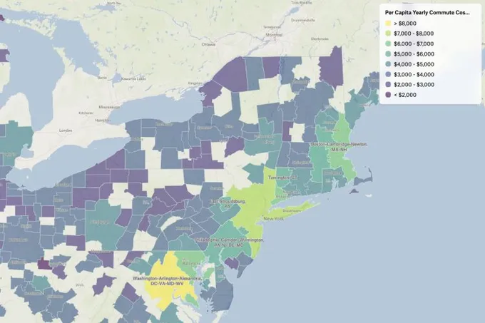 A Felt map of the northeastern US coloring metro areas by per capita yearly commute cost, highest around Washington DC and New York