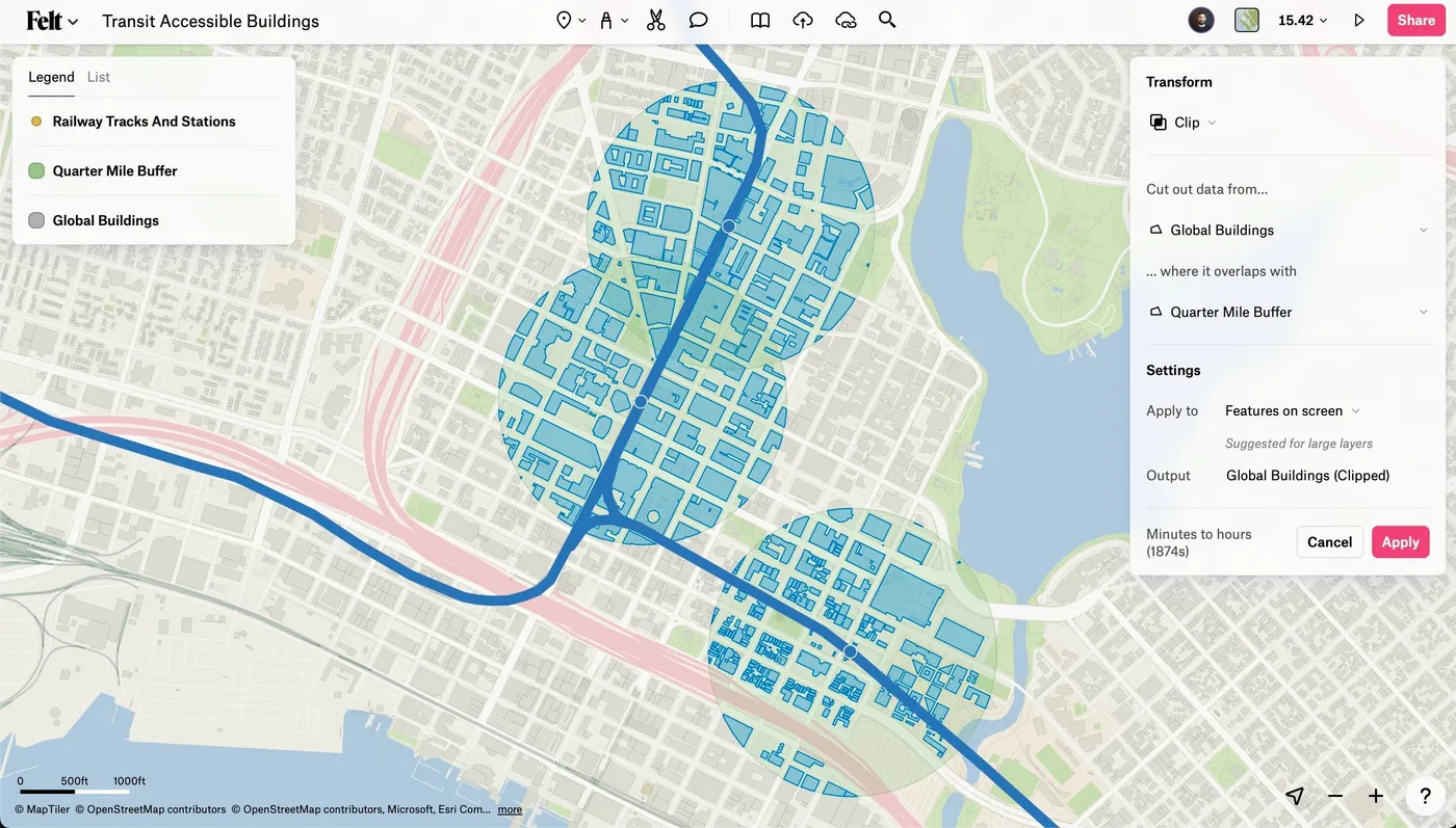 A Felt map of Oakland where the Clip transformation cuts buildings to quarter-mile buffers around rail stations