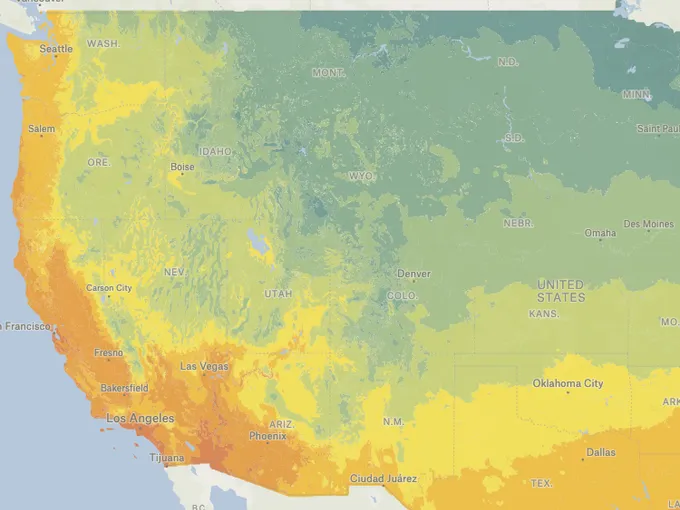 A Felt map of USDA plant hardiness zones across the western US, shaded from cool green to warm orange