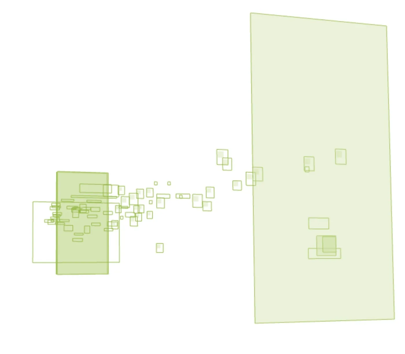 A 3D view of the DOM layers for a map with a few elements, showing dozens of stacked boxes