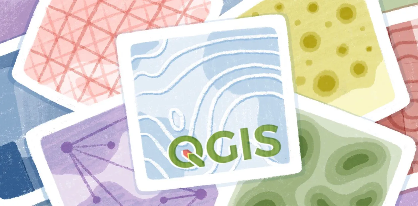 An illustration of overlapping map cards in different styles, with the QGIS logo on a contour map at the center