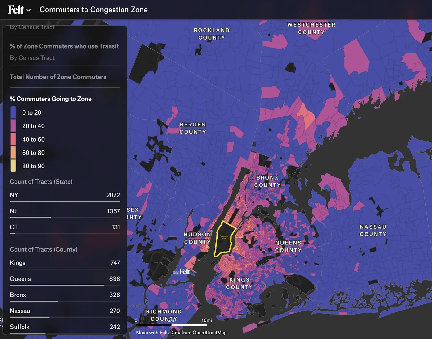 Percent of weekday commuters who work in the Congestion Pricing Tolling Zone by census tract