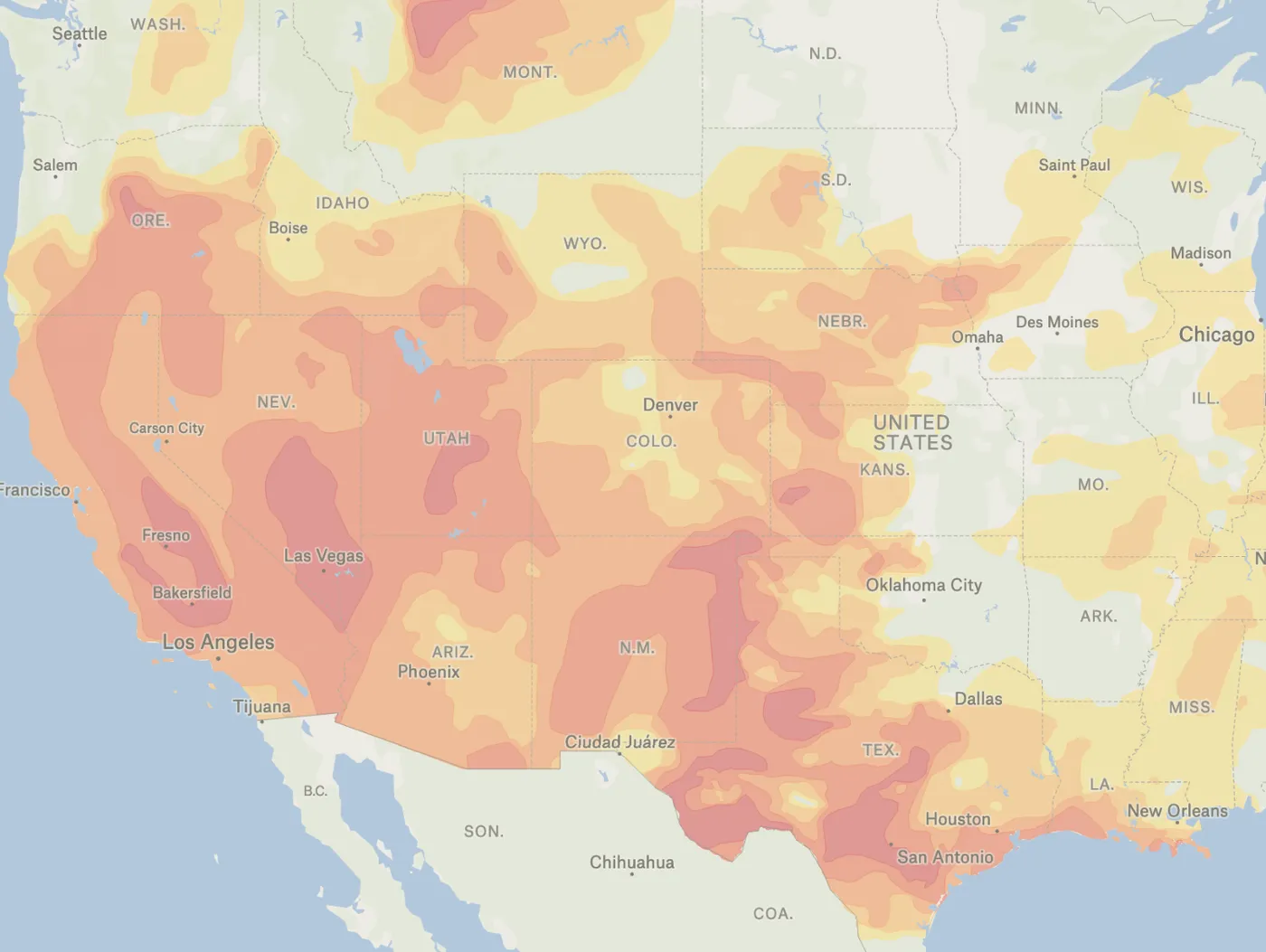 A Felt map of the western and central US shaded in yellows and reds by drought severity