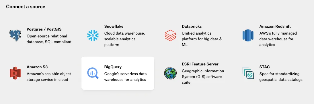 Connect BigQuery directly with Felt for instant maps and location data analysis.