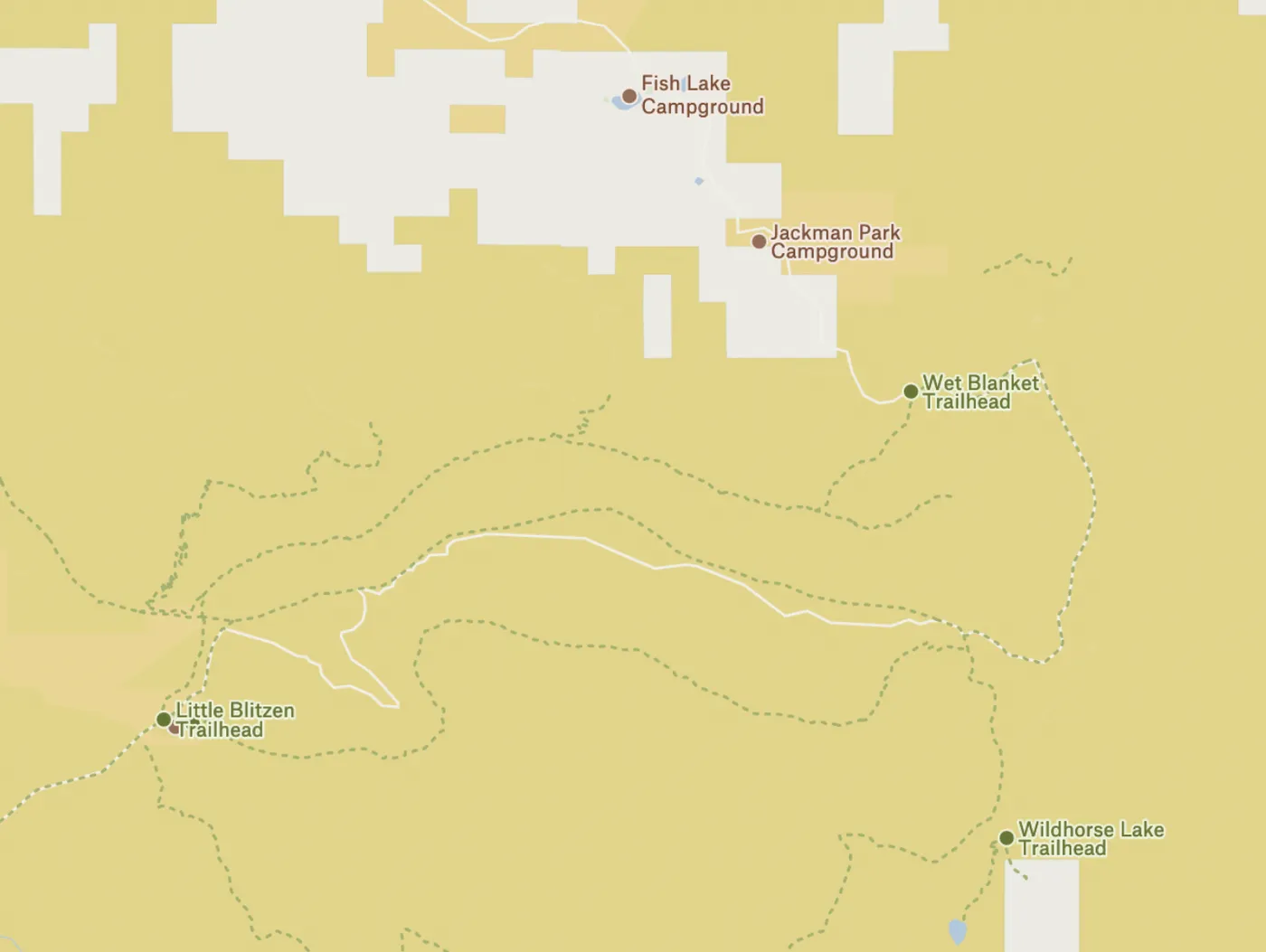 A Felt map of Bureau of Land Management lands with trailheads, campgrounds and dotted trails