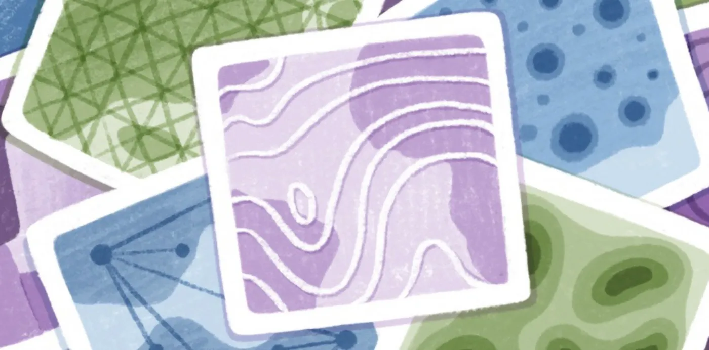 An illustration of overlapping green, blue and purple map tiles patterned with grids, contours and dots