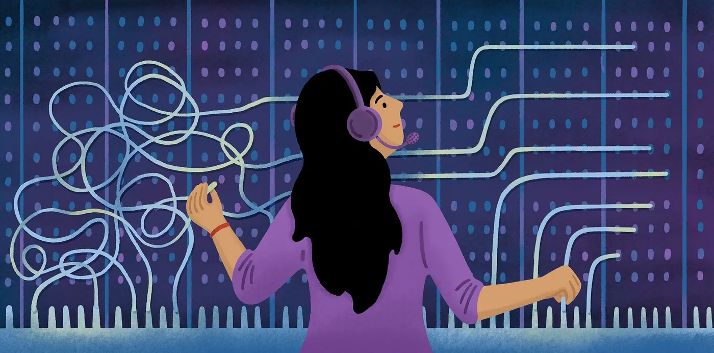 An illustration of a switchboard operator in a headset turning tangled cables into neatly routed lines