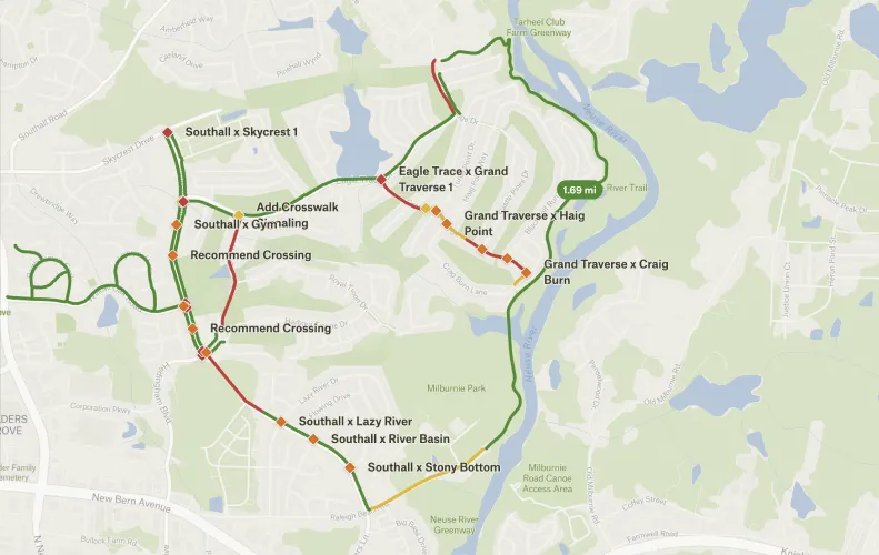 A Felt map of a Raleigh neighborhood with color-coded trail segments and labeled proposed crossings
