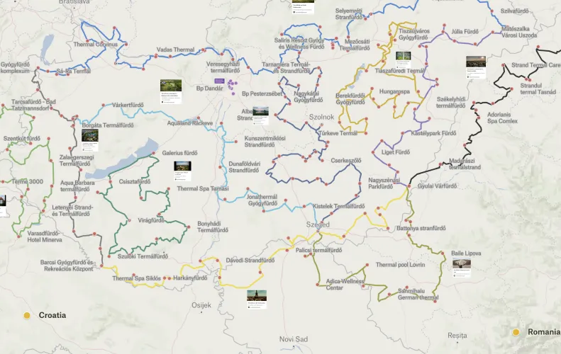 A Felt map of Hungary's thermal baths connected by color-coded cycling tour routes