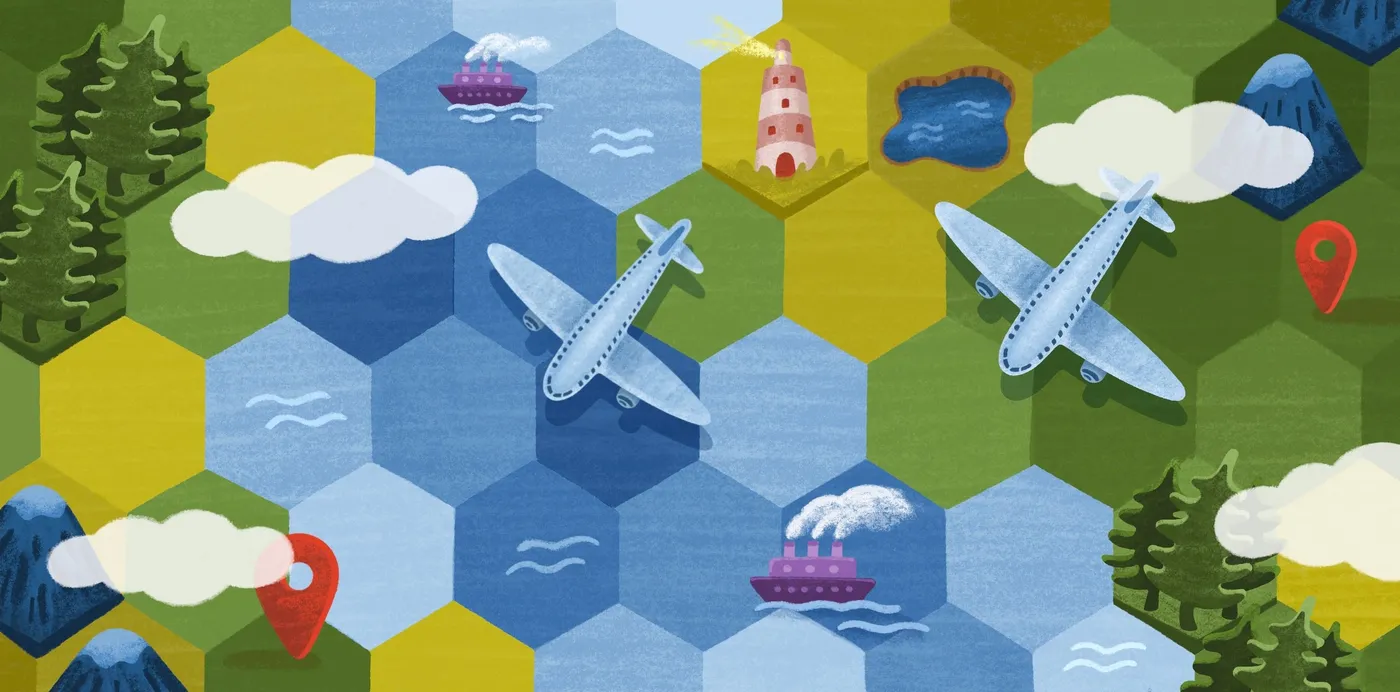 An illustration of a hexagon grid map of land and water tiles with planes, ships, a lighthouse, trees and location pins