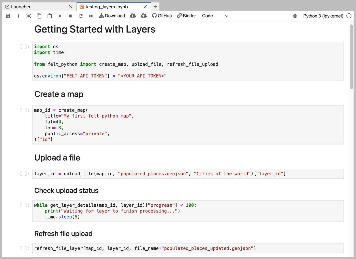 A Jupyter notebook using felt-python to create a map, upload a GeoJSON file, check its processing status, and refresh the upload