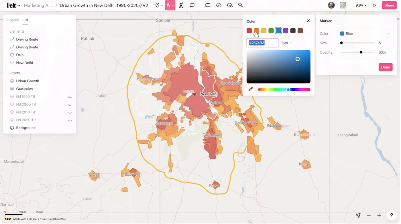 Screenshot from Felt’s Youtube video, “Getting Started with Felt 2/6 - Draw Data and Annotate the Map,” showing the marker tool’s color selection.
