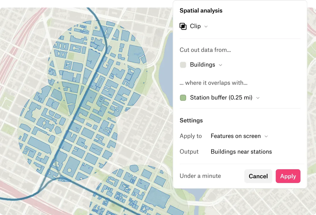Felt’s spatial analysis panel clipping buildings to quarter-mile station buffers on a city map
