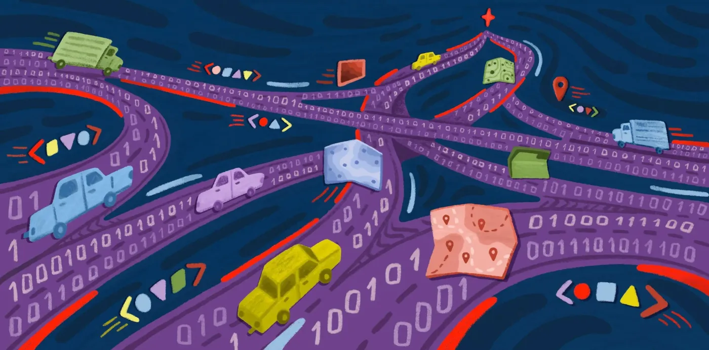 An illustration of cars and trucks on purple highways made of binary code, merging toward a red star among map tiles and pins