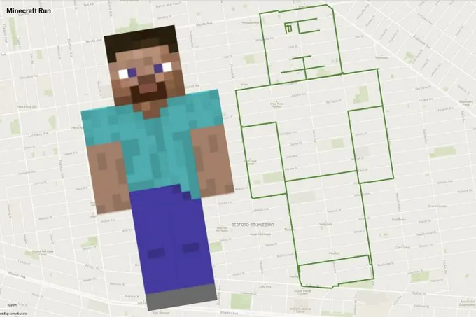 A Felt map of Brooklyn streets traced in the outline of a Minecraft character, shown beside the character