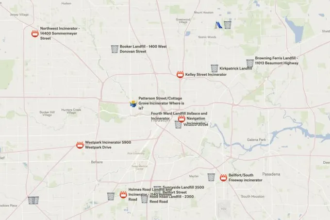 A Felt map of Houston marking historical landfills and incinerators with labeled icons