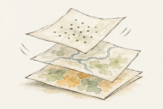 Three sheets of map data settling into one stack.