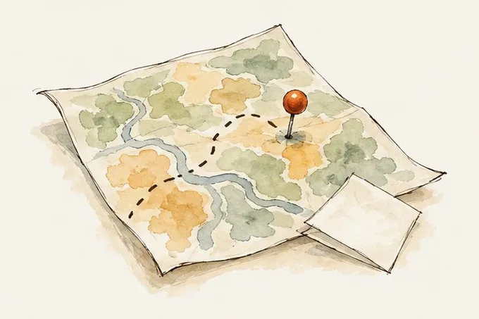 A map sheet with a dotted route and a pin, a folded note tucked under its corner.