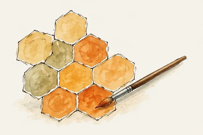 A patch of hexagon cells washed from pale ochre to burnt orange, a brush across one corner.