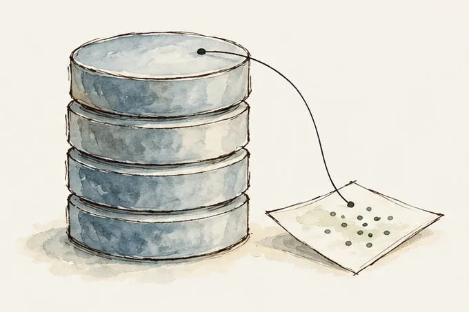 A database drawn as a stack of discs, a thread running from it to one small sheet of points.