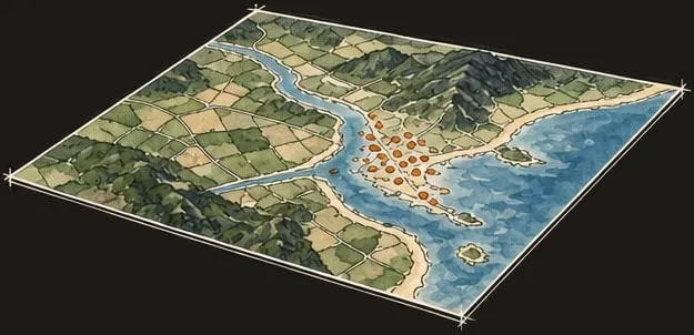 A painted map sheet: fields, hills, and a river mouth, with orange points gathered at the shore
