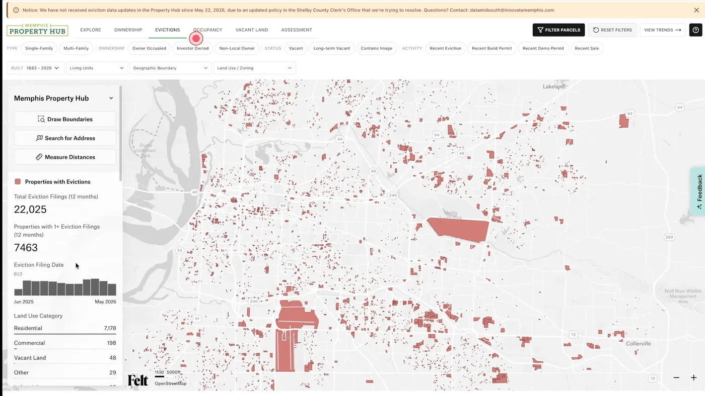 The Memphis Property Hub: switching between eviction and investor-owned parcel layers, then drawing a boundary to count the parcels inside it