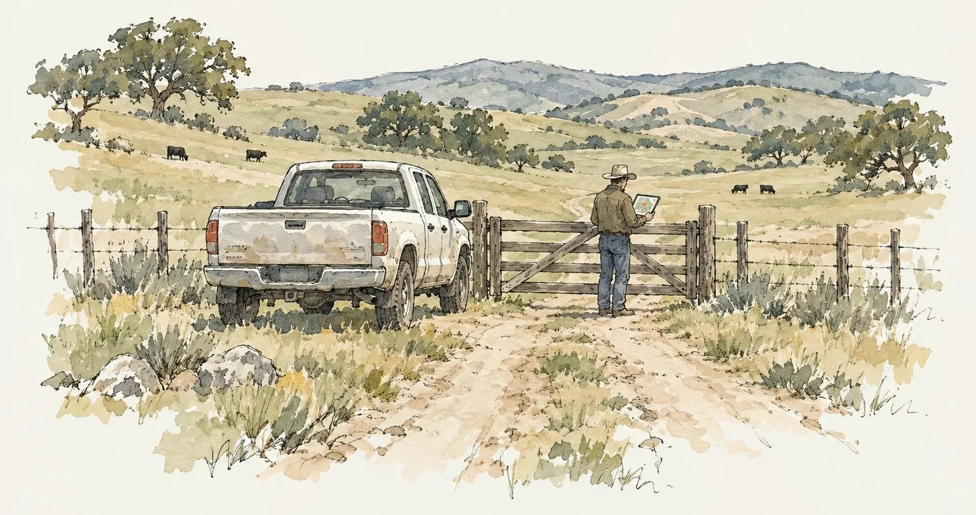 A watercolour of a land agent at a ranch gate with a tablet, a pickup truck beside him and cattle on the hills