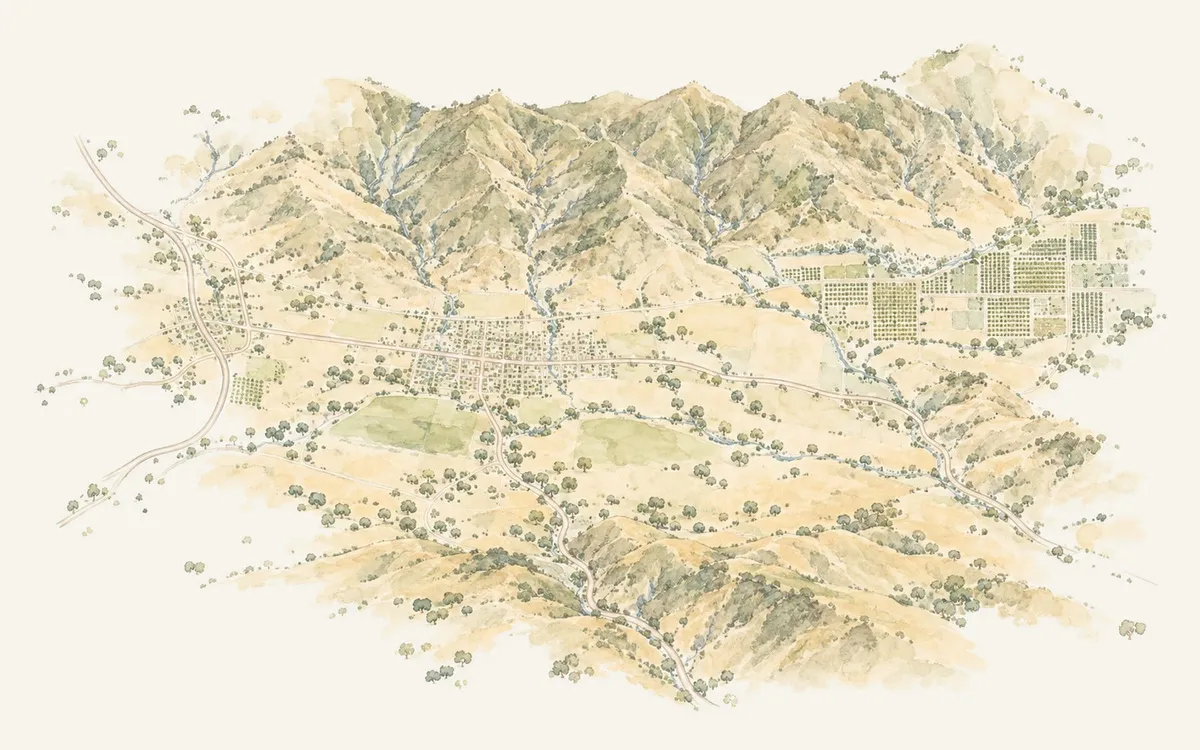 A watercolour of the Ojai Valley, California, from above: the town on the valley floor, orchards to the east, and chaparral foothills to the north, with power lines drawn over it and the stretches crossing a very high fire hazard zone in orange