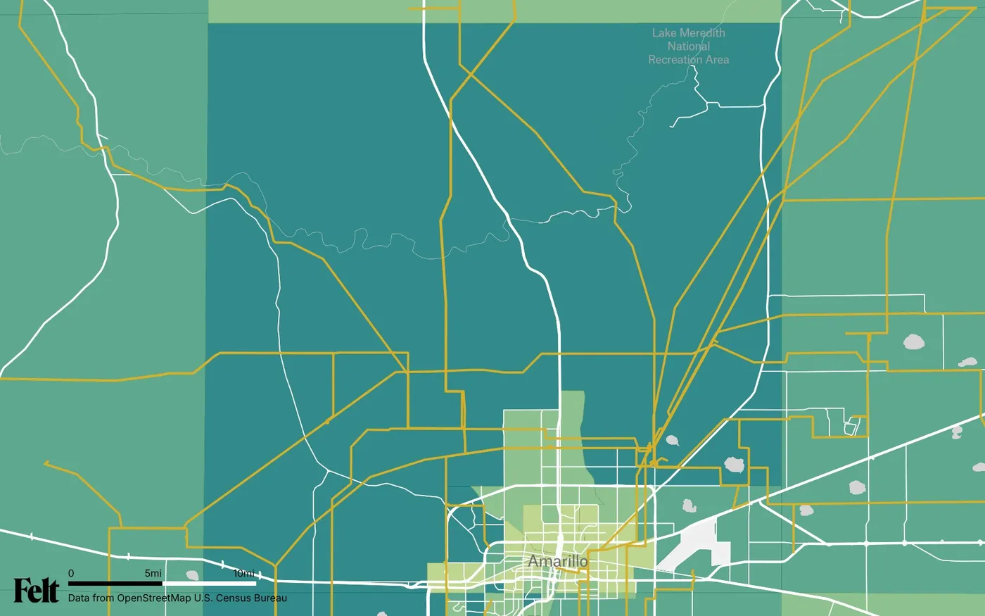 Map of Potter County, Texas: the county outlined, with transmission lines over median household income by census tract