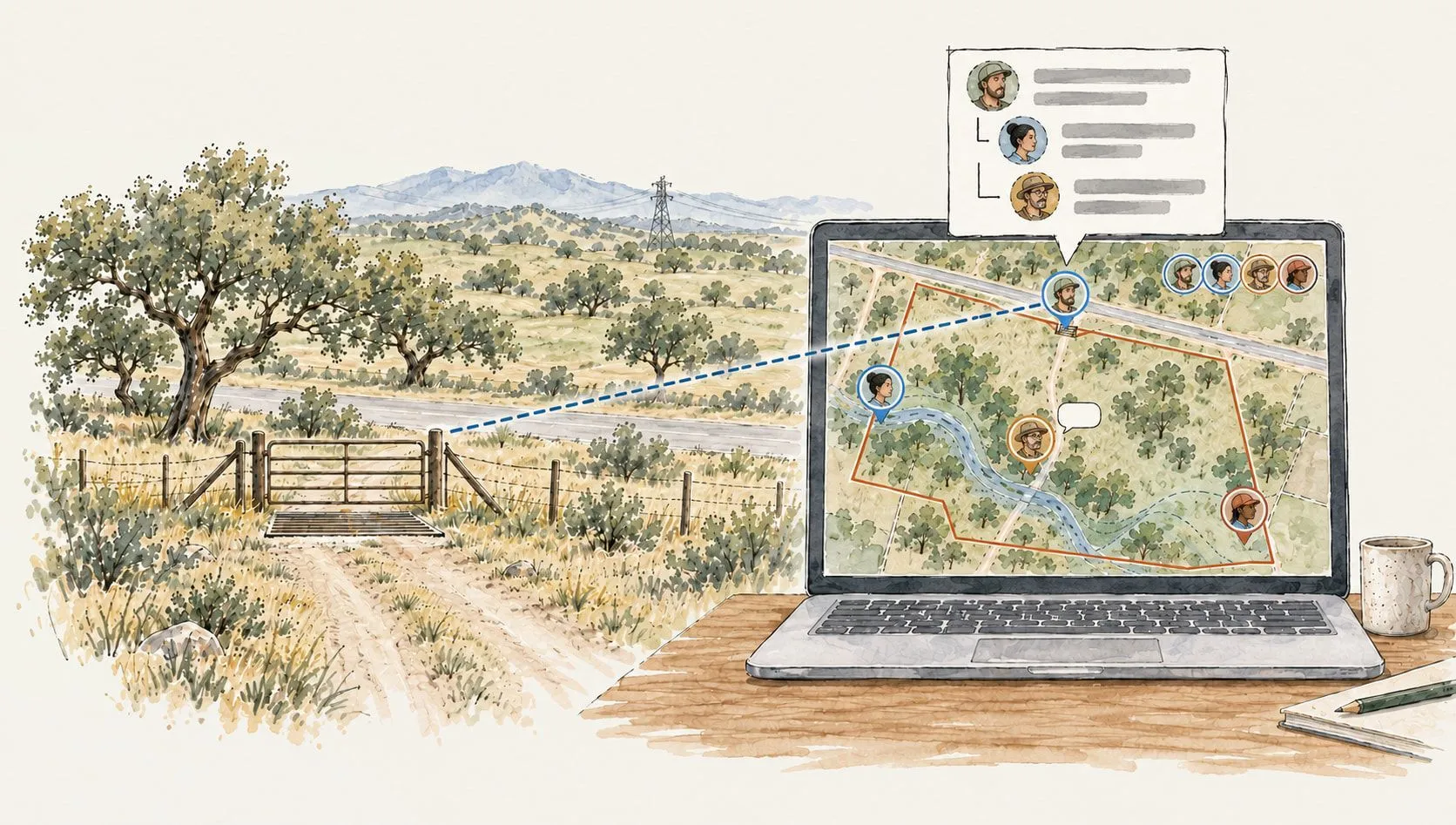 A ranch gate on the north edge of a site and, on a laptop map of the same site, a comment pinned to that gate with two replies, among other reviewers' pins across the parcel.