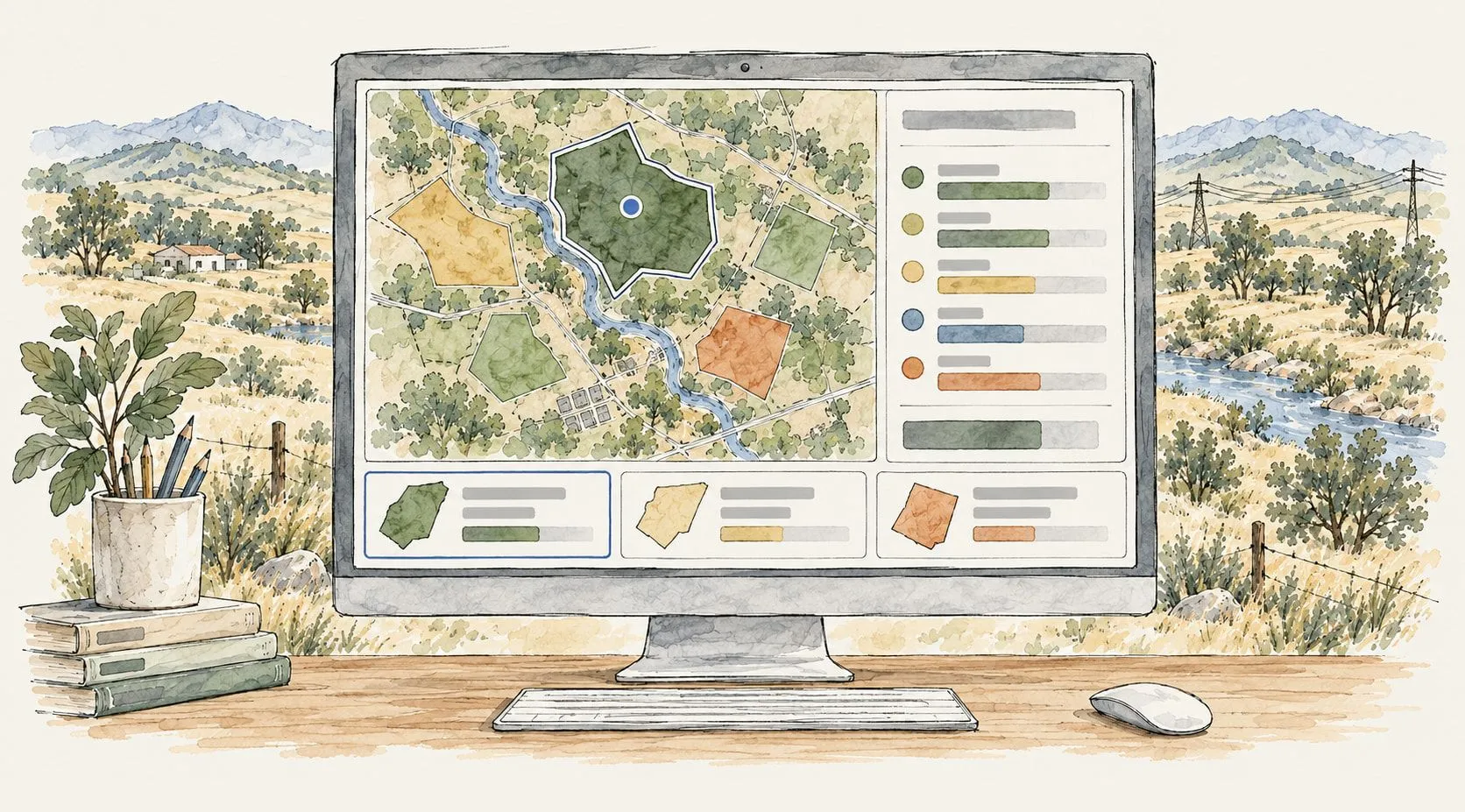 A desktop map with the surviving parcels shaded by score, the top site selected with its criteria scores beside it, and three finalists compared side by side below.