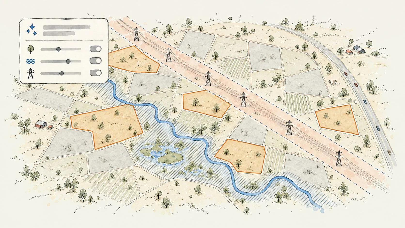 An aerial map of ranch parcels with the transmission corridor buffered, the creek’s floodplain and wetland hatched out, and small parcels greyed, leaving five candidate sites outlined in orange beside an AI prompt with its filters.