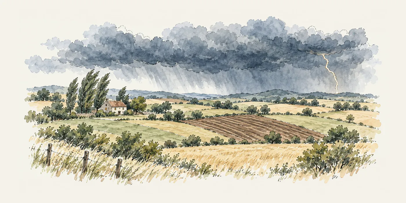 An illustration of a storm over farmland, a thin bolt of lightning striking far off and one field freshly ploughed among the others