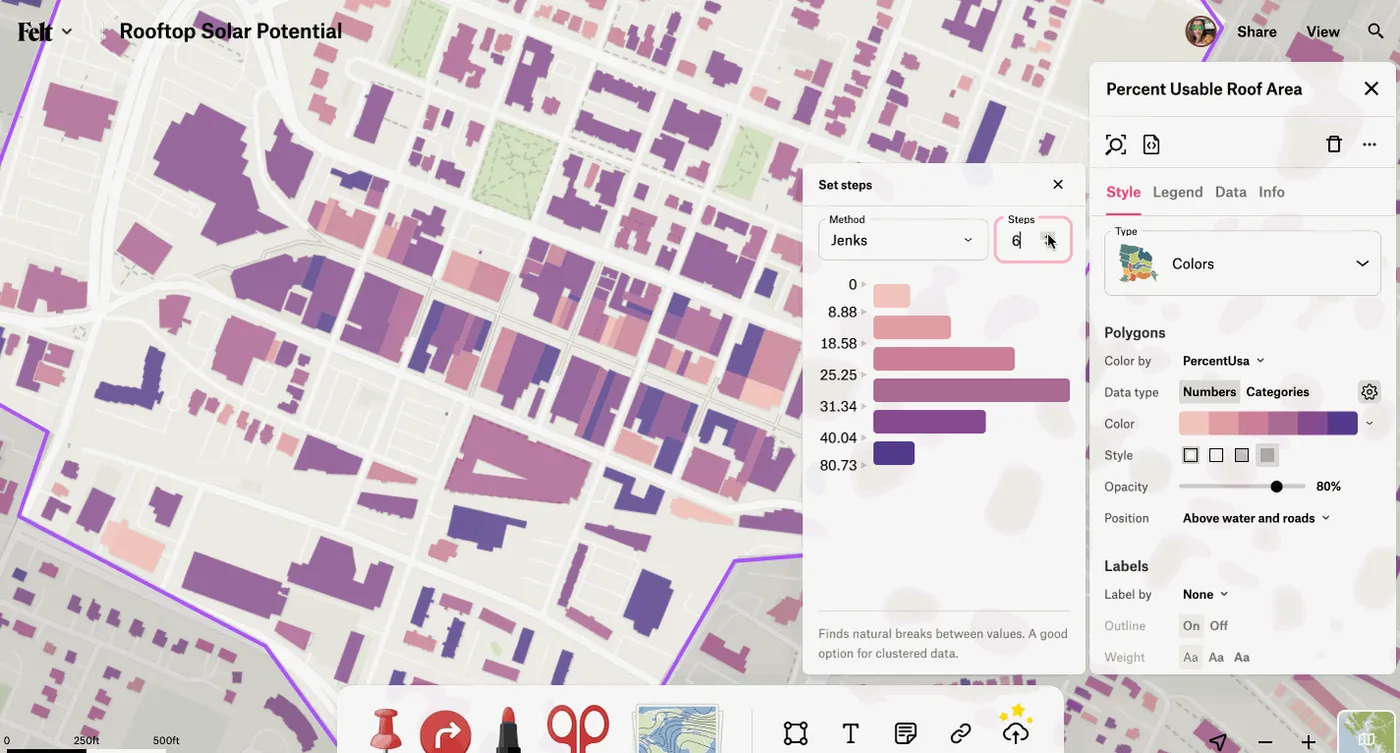 Changing the number of Jenks classification steps and the color palette restyles a map of usable roof area