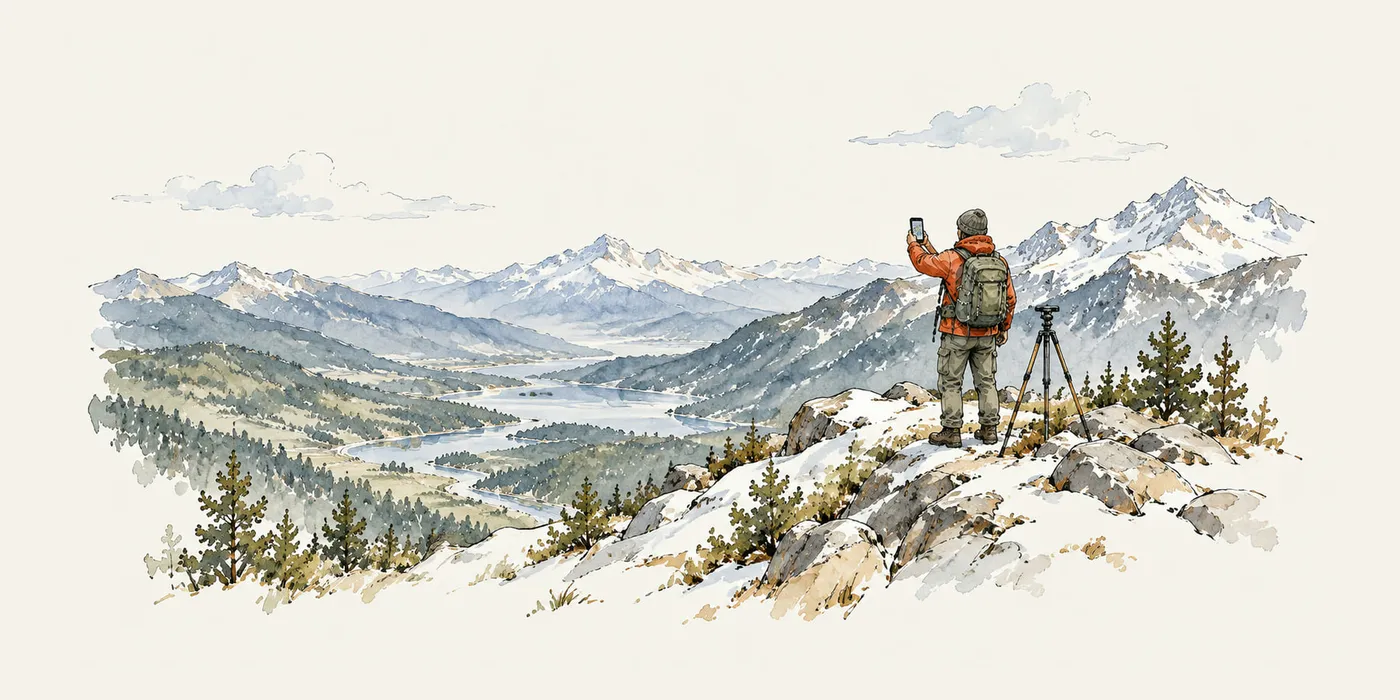 An illustration of a surveyor on a remote snowy ridge holding up a phone, a tripod beside them and a mountain valley below