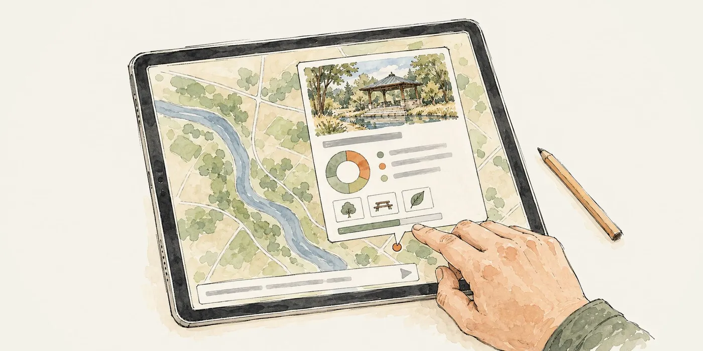 An illustration of a finger tapping a simple map on a tablet, opening a rich pop-up card with a photo of a park pavilion, a donut chart and a row of icons, above a prompt bar